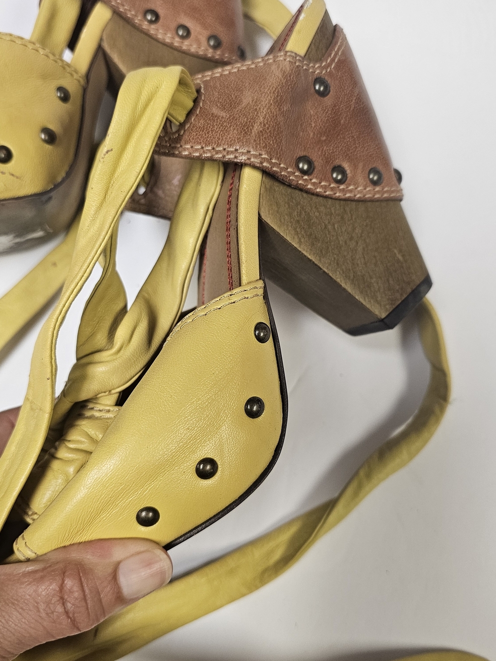 Miss Sixty Yellow and Brown Studded Leather Block Heel Mules